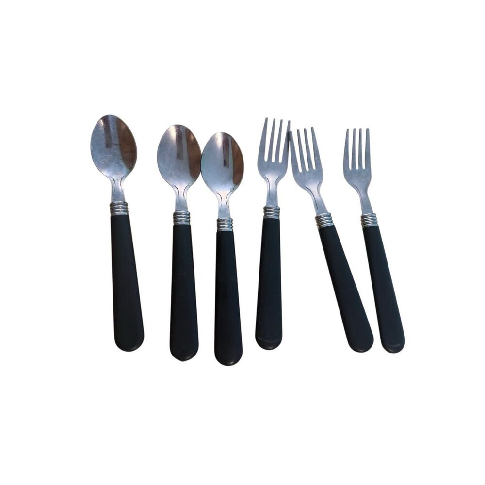 Lot of 6 Stainless Essex Black‎ Plastic Handle Forks & Spoons 7"